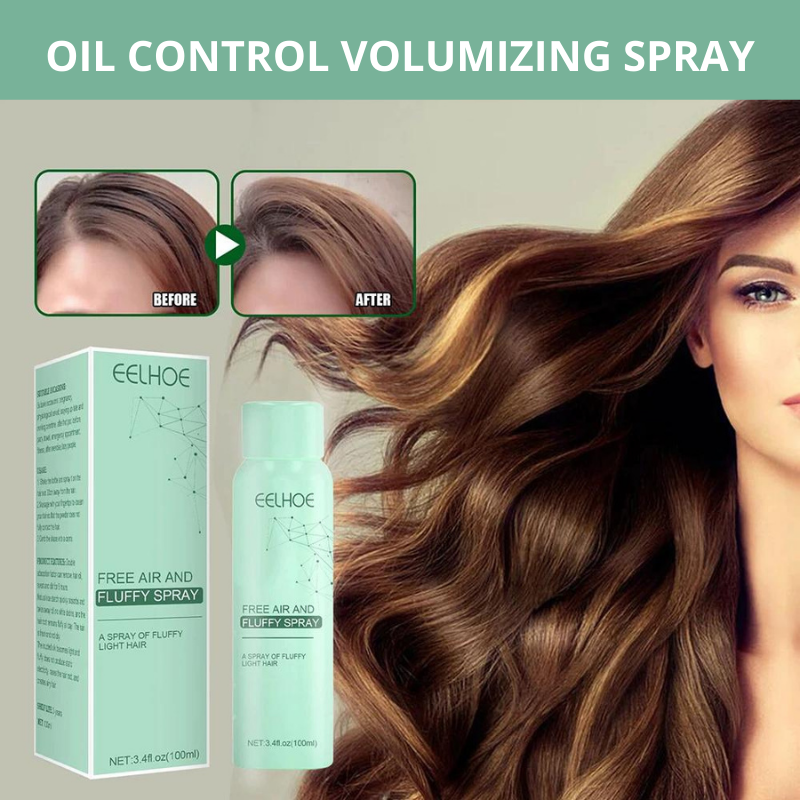 Glückliche Frau genießt ihr voluminöses Haar nach Anwendung des Volumensprays. Beauty und Pflege.