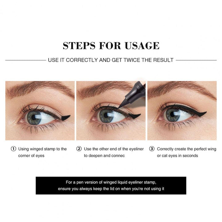 Wasserfester Flüssig-Eyeliner mit integriertem Flügelstempel für schnelle, präzise Linien.