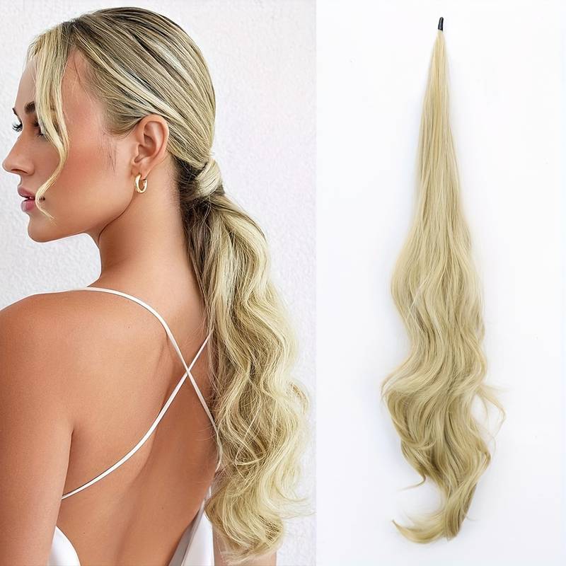 Flexibler Pferdeschwanz Haarteil in Blond. Haarverlängerung für Damen mit Volumen und Wellen.