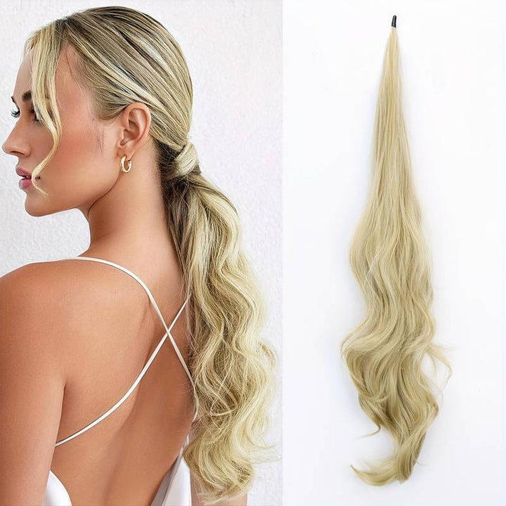 Flexibler Pferdeschwanz Haarteil in Blond. Haarverlängerung für Damen mit Volumen und Wellen.