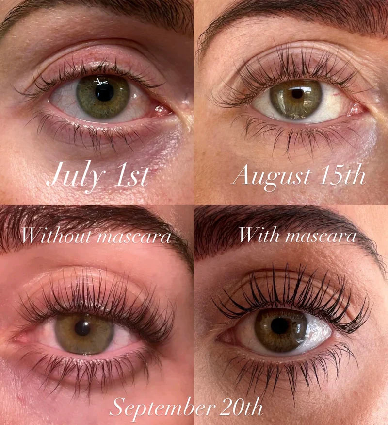 Nahaufnahme von Augen mit beeindruckenden, dichten Wimpern, dank unseres natürlichen Damen Wimpernserums.