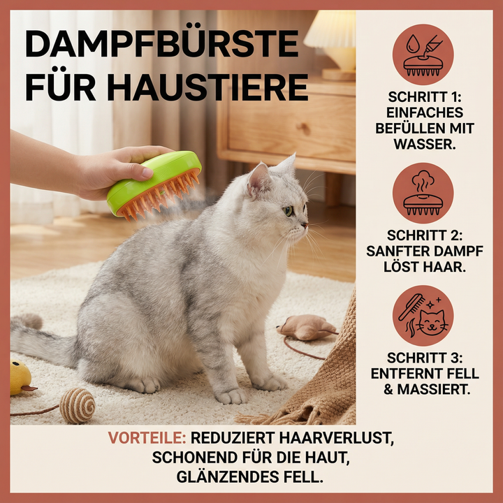 Effektive Dampfbürste für Hunde & Katzen entfilzt das Fell stressfrei und macht es weich & glänzend.