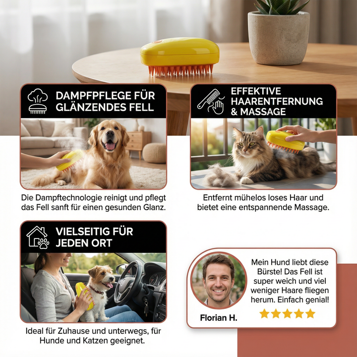 Innovative Dampfbürste zur Fellpflege von Haustieren, die Dampf nutzt, um lose Haare & Schmutz zu lösen.