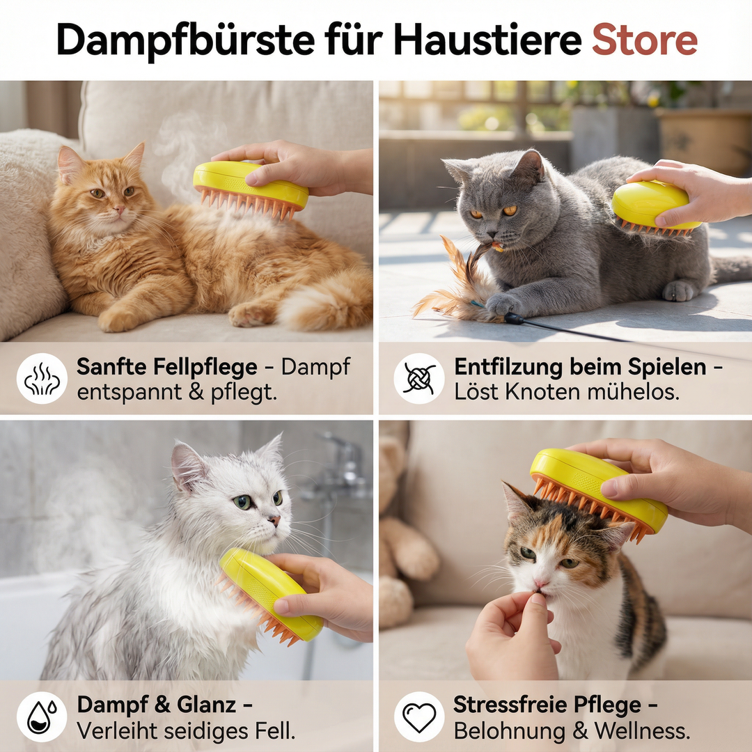 Glücklicher Hund genießt die sanfte Fellpflege mit der Dampfbürste, für ein sauberes und glänzendes Hundefell.
