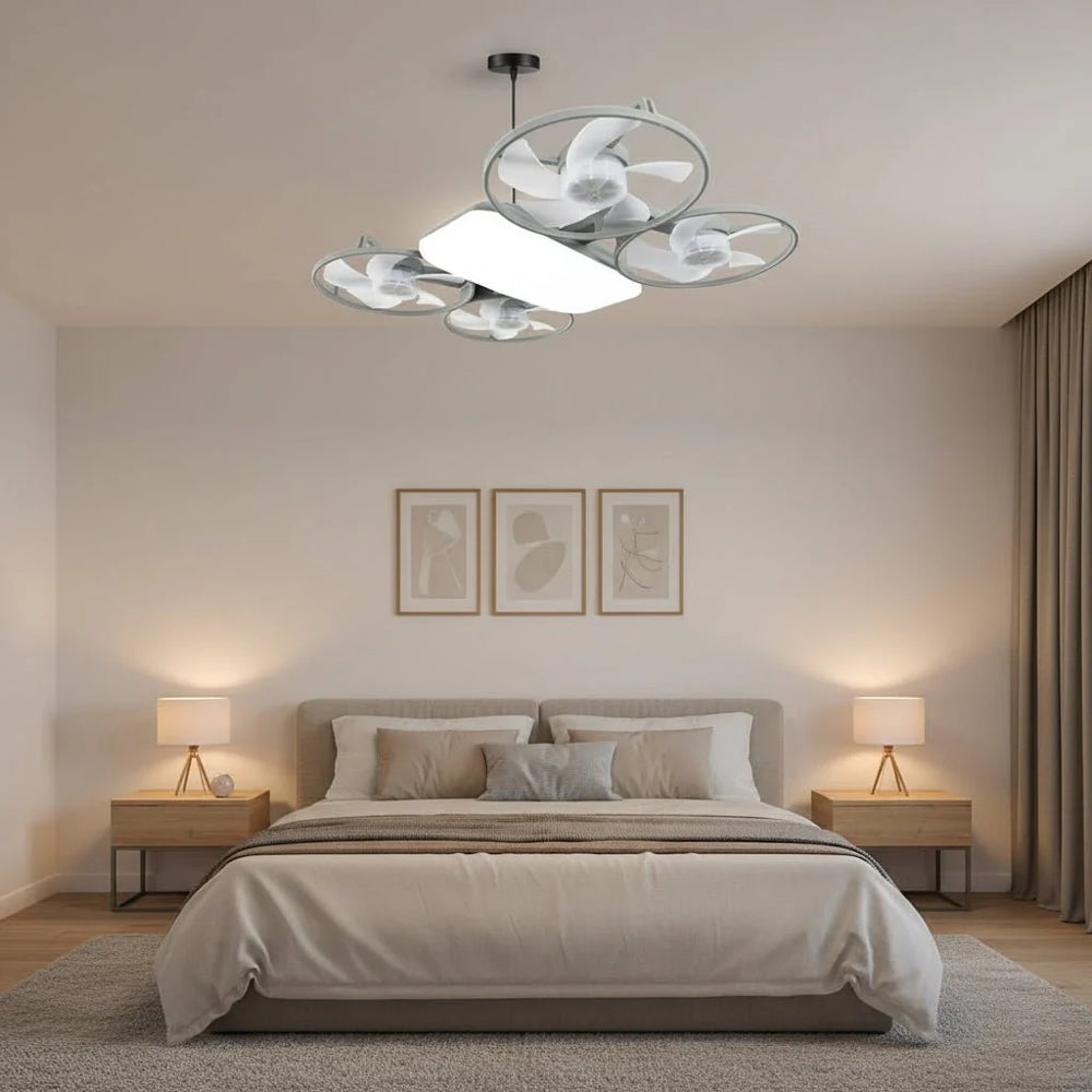 Moderner LED Deckenventilator, faltbar. Sparsam, leise und effizient für optimales Raumklima & Licht.