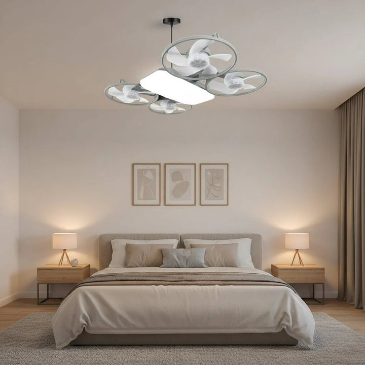 Moderner LED Deckenventilator, faltbar. Sparsam, leise und effizient für optimales Raumklima & Licht.