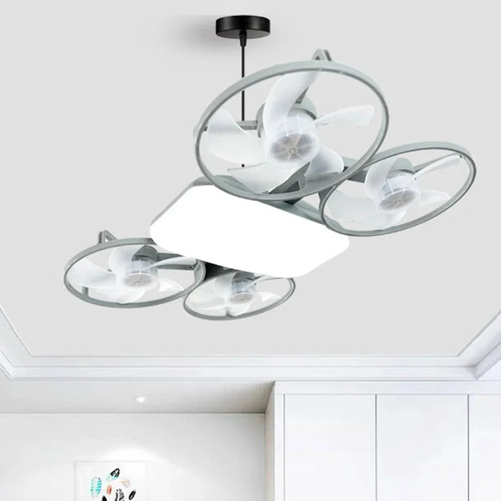 Leiser Deckenventilator mit integriertem LED Licht. Faltbares Design für platzsparende Kühlung.