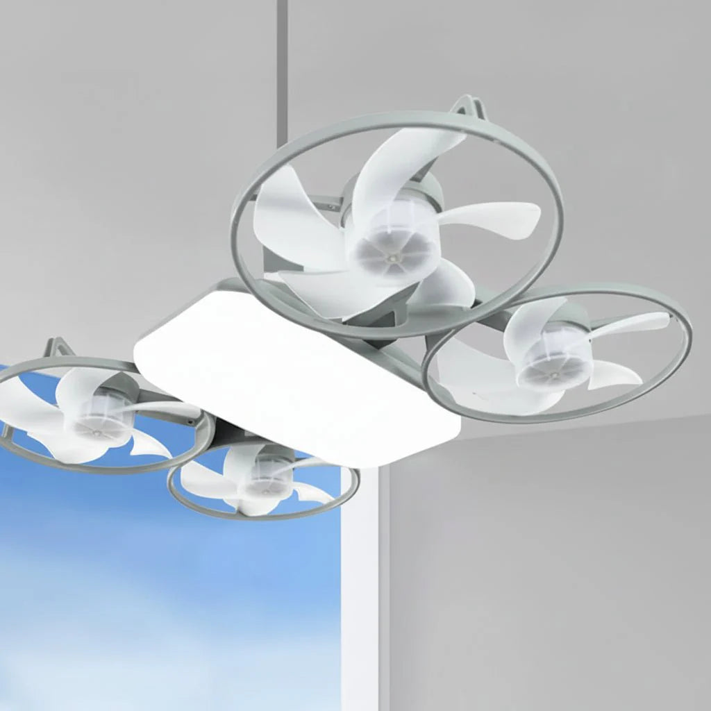 Platzsparender Falt-Deckenventilator mit heller LED Beleuchtung. Verbessert Raumklima & Komfort.