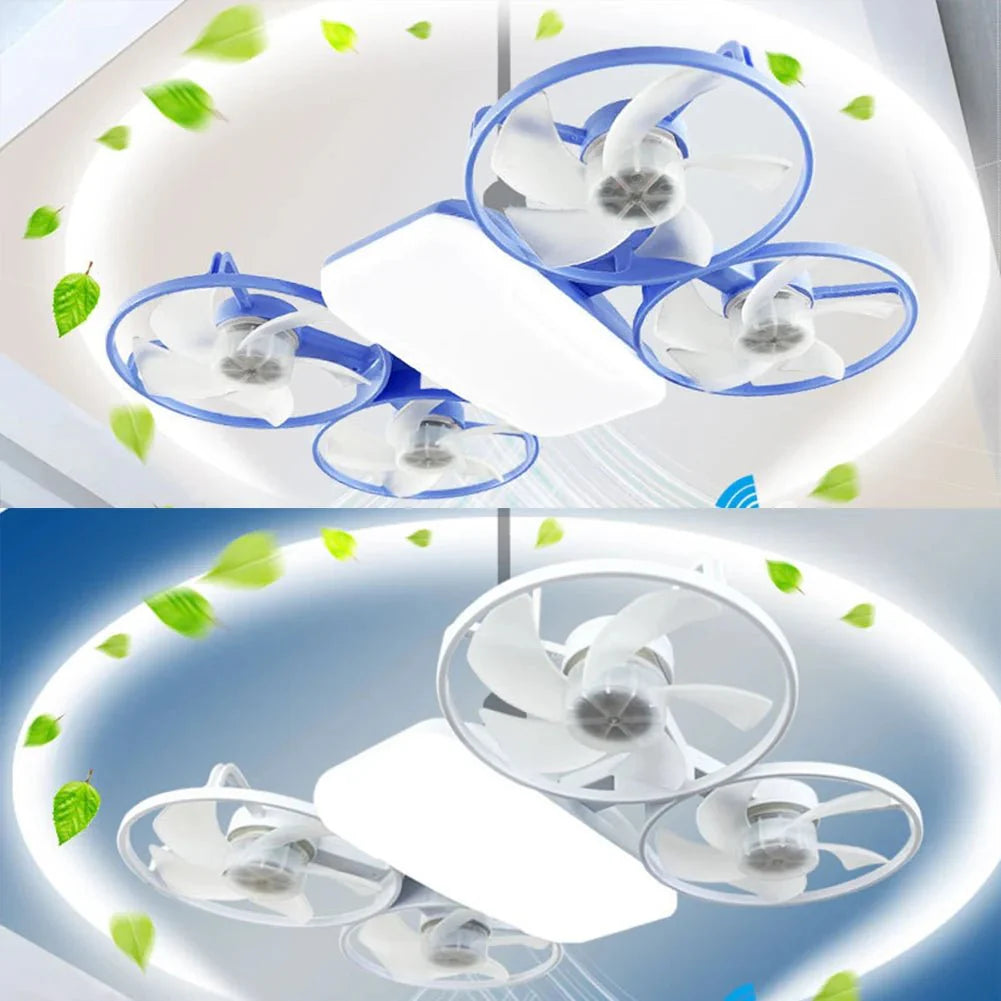 Deckenventilator mit faltbaren Flügeln & LED-Licht. Stille Kühlung und helle Beleuchtung kombiniert.