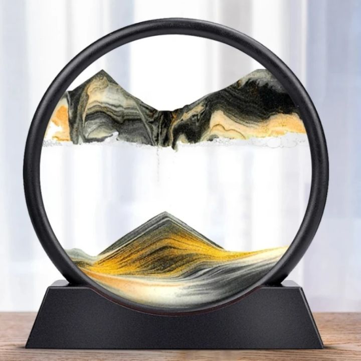 Die 3D Sanduhr bei sanftem Licht, zeigt die Tiefsee Sandkunst in voller Pracht als Dekoration.