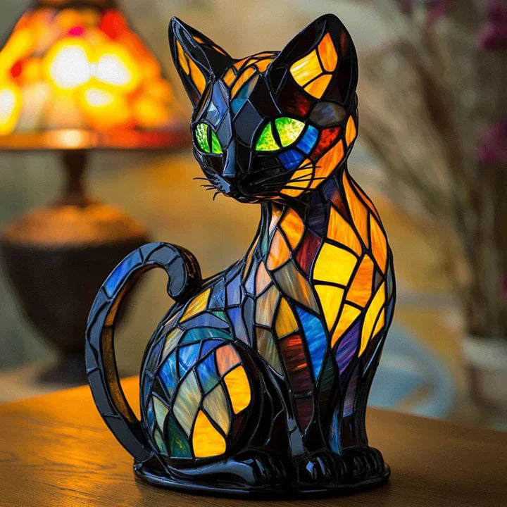 Dekorative Buntglas Katze Tischlampe mit warmem LED-Licht, perfekt für Wohnzimmer und Schlafzimmer Deko.