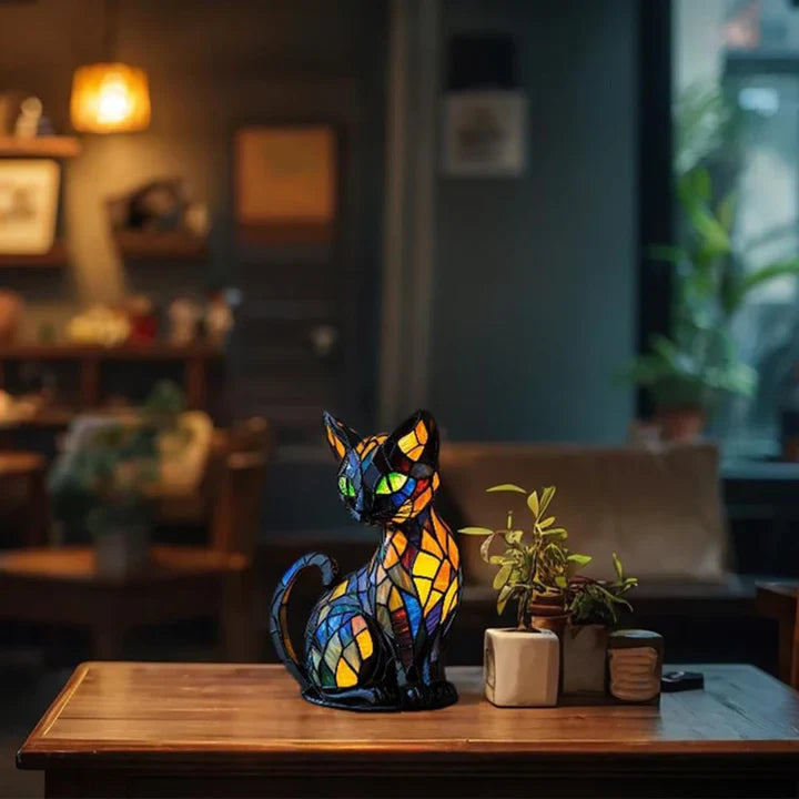 Einzigartige Katzen-Buntglaslampe als Tischleuchte, spendet dekoratives warmes LED-Licht für Ihr Zuhause.