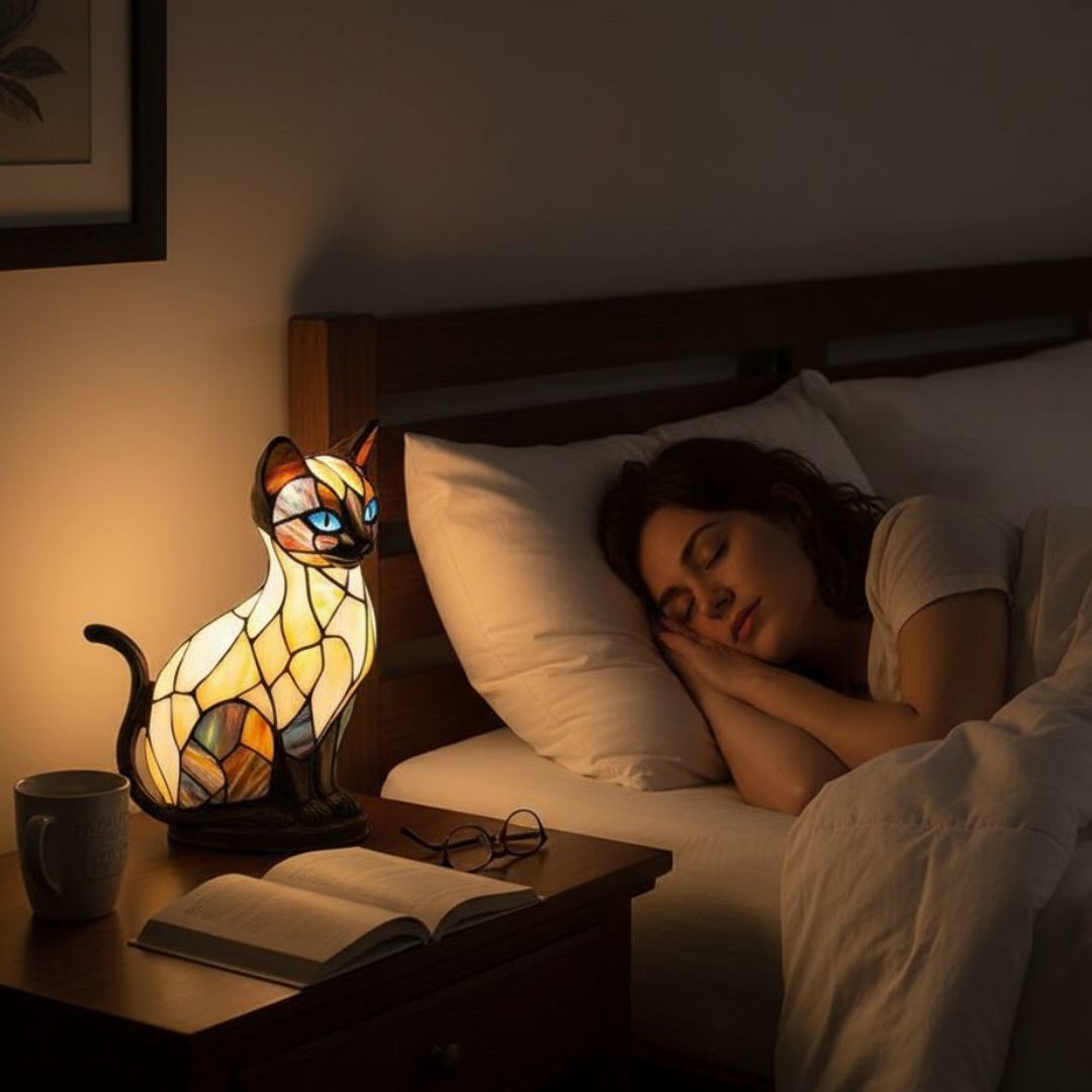Detailaufnahme der weißen Katzenlampe mit warmem, gemütlichem Licht. Perfekte Deko für Katzenliebhaber im Zuhause.