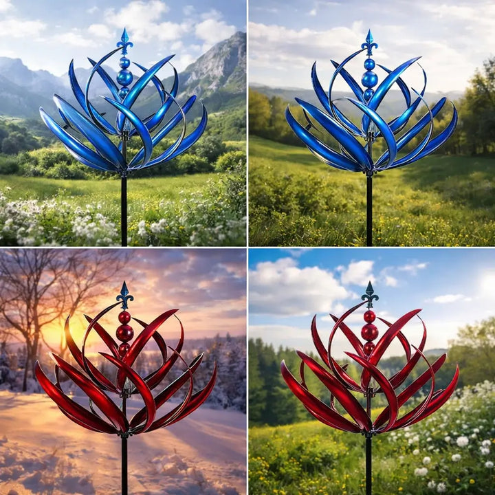 Elegantes Windspiel mit Wetterfahne in Lotusform aus Metall, wetterfest und modern für die Gartendeko.