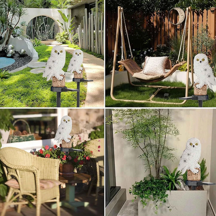 Praktische Solar-Eulenleuchte, wetterfest und kabellos für flexible Platzierung im Garten.