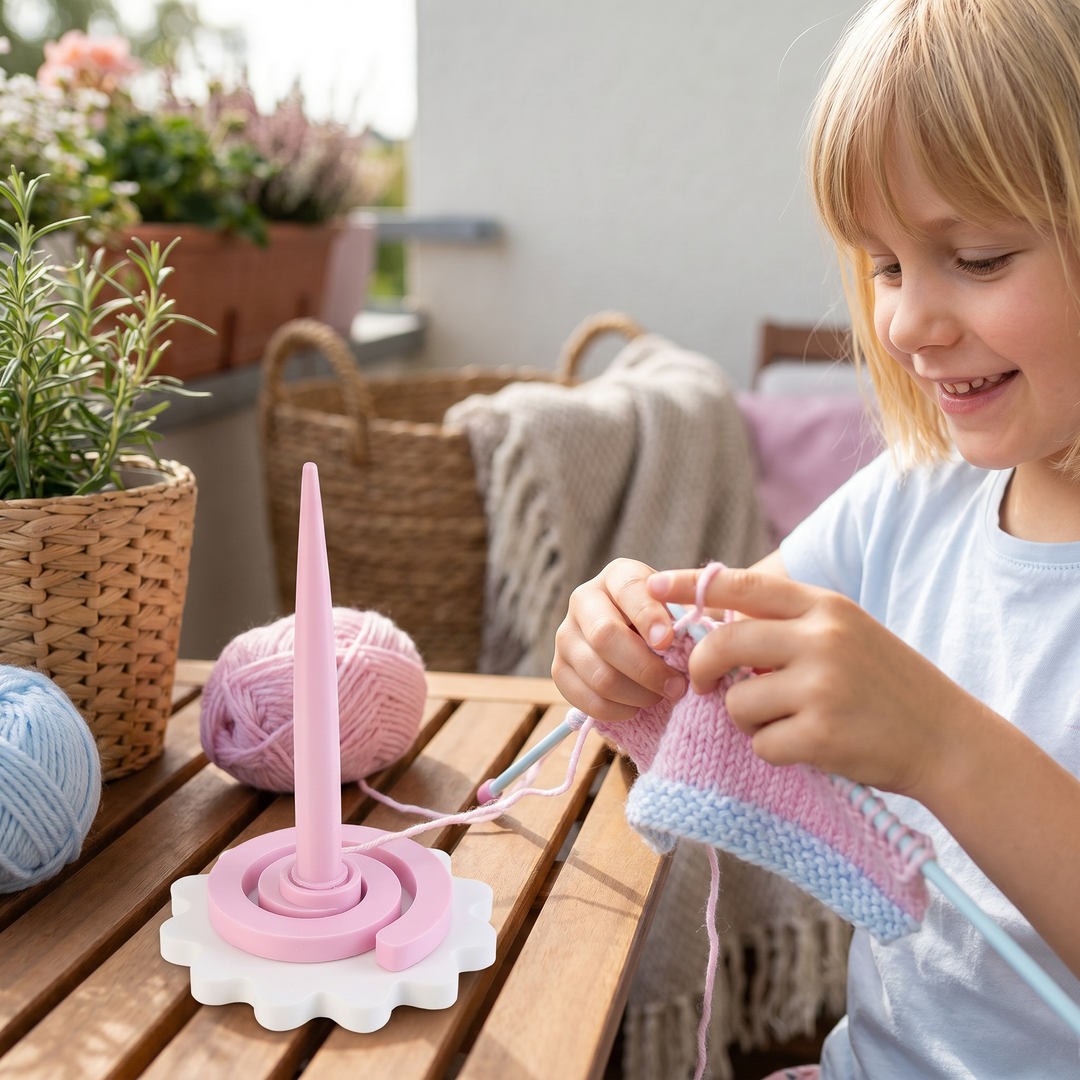 Handarbeitszubehör: Blumen Garnhalter Ständer für geordnetes Stricken, Häkeln und Basteln.