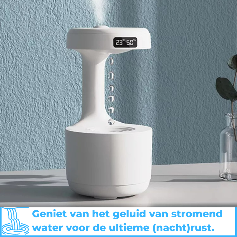 Moderner Luftbefeuchter mit leisem Wasserfluss. Passt perfekt ins Wohnzimmer oder Schlafzimmer. Gesundes Raumklima.