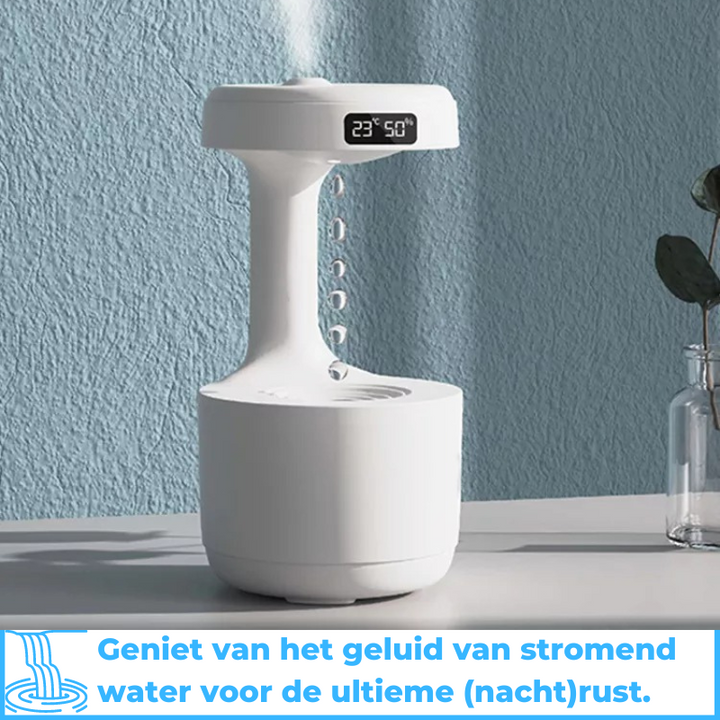Moderner Luftbefeuchter mit leisem Wasserfluss. Passt perfekt ins Wohnzimmer oder Schlafzimmer. Gesundes Raumklima.
