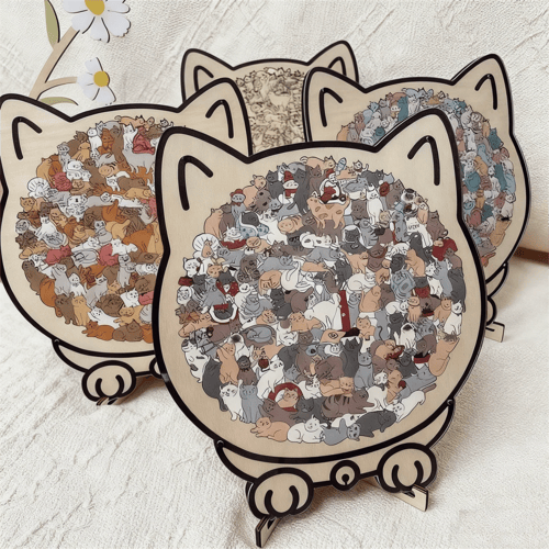 Kreatives Holzpuzzle mit Katzenmotiv, zur Entspannung und als besondere Deko im Wohnzimmer.