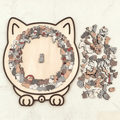 Premium Katzen Holzpuzzle, bunt, für achtsame Auszeit und als charmante Geschenkidee.