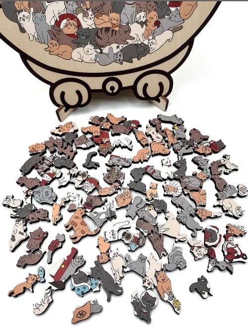 Farbenfrohes Katzenpuzzle aus Holz im Maillard-Stil, ideal als Deko und Geschenk für Kreative.
