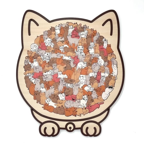 Entspannendes Holzpuzzle für Erwachsene: Katzenmotiv, Macaron-Farben, perfekte Deko für Zuhause.