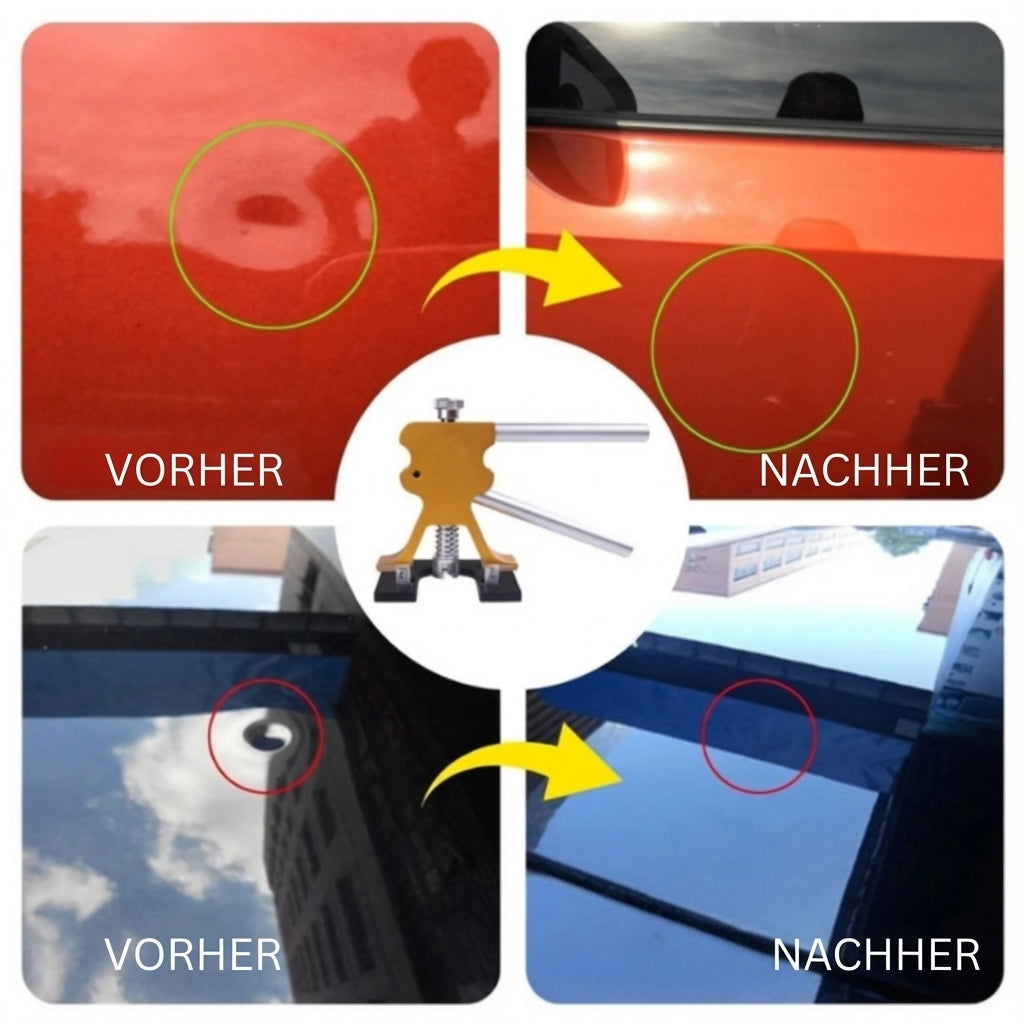 Vorher-Nachher Beulenreparatur: Effektive Dellenentfernung am Auto, Beule weg, Lack unversehrt dank Reparaturset.