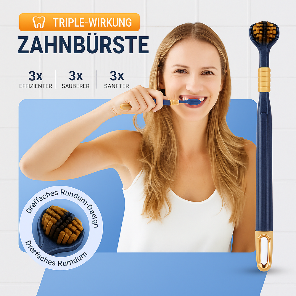 Innovative Dentaclean 360 Zahnbürste mit weichen dreiseitigen Borsten für Tiefenreinigung & Zahnfleischschutz.