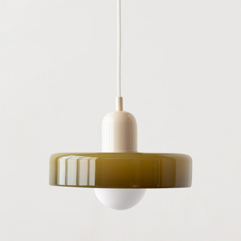 Stilvolle Pendelleuchte für Esszimmer, Designerlampe mit farbigem Bauhaus-Glas.
