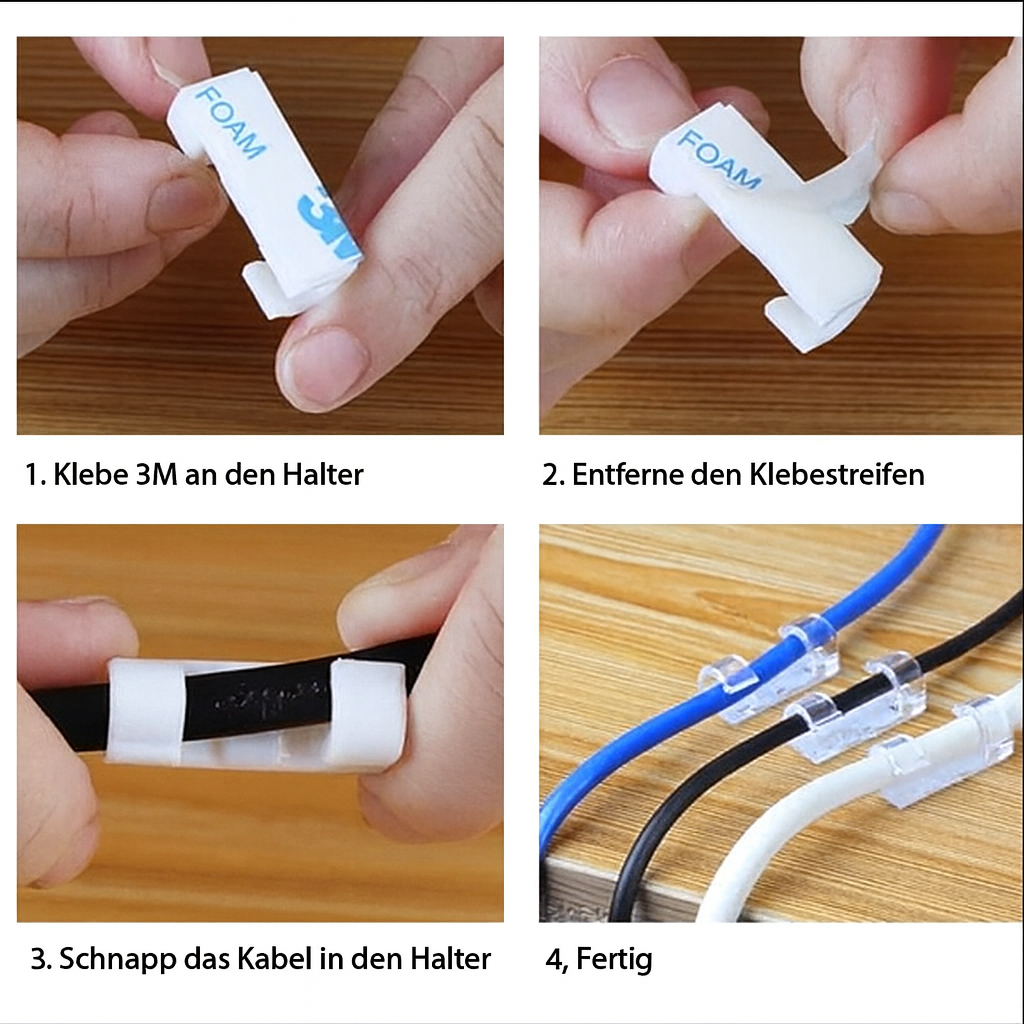 Kabelklemmen selbstklebend für einfache Kabelfixierung an Wänden und Möbeln. 40er Set universell.