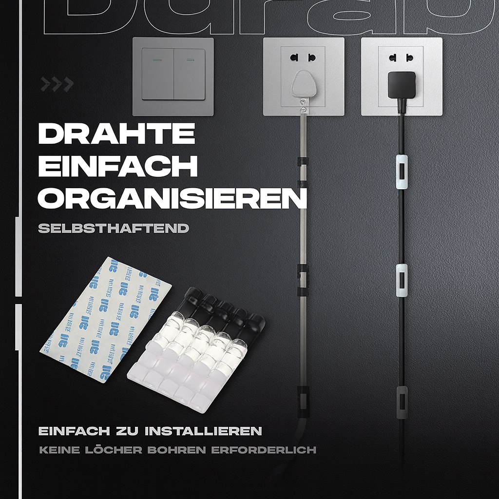 Blick auf das 40er Set selbstklebender Kabelorganizer aus PVC. Ideal für Drahtmanagement.