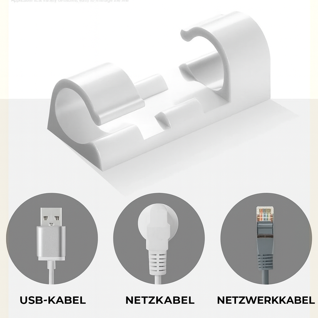 Praktische selbstklebende Kabelclips für schnelle und einfache Kabelfixierung zuhause und im Büro.