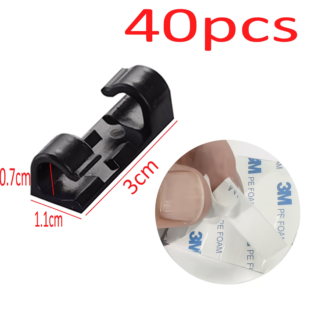Robuste selbstklebende PVC Kabelclips im 40er Set für langlebige und sichere Kabelfixierung.