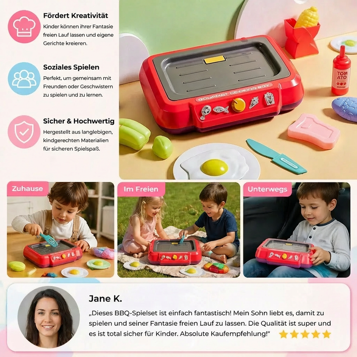 Robustes BBQ Set Kinder mit Grill, Spielessen & Utensilien; ideal für kleine Grillmeister im Garten.