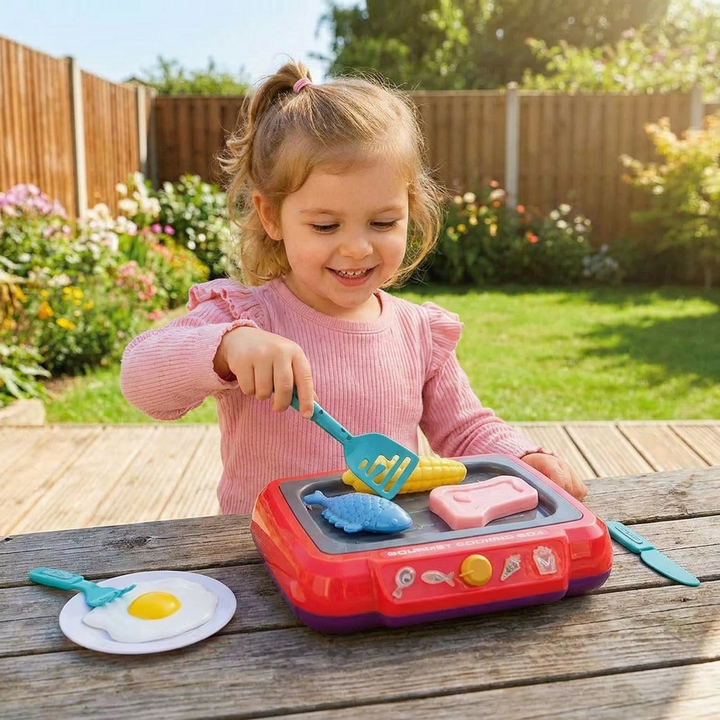 Buntes Kinderspielzeug BBQ Set mit Spielzeugküchen-Zubehör, realistisch & sicher für Kleinkinder.