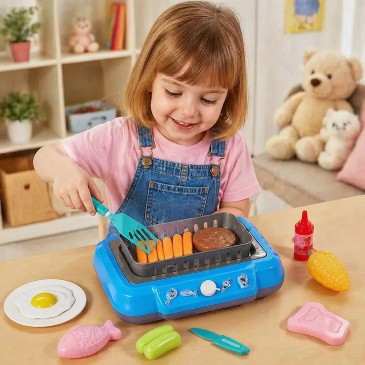 Fröhliche Kinder spielen mit ihrem neuen BBQ Grillset, genießen kreatives Fantasiespiel im Freien.