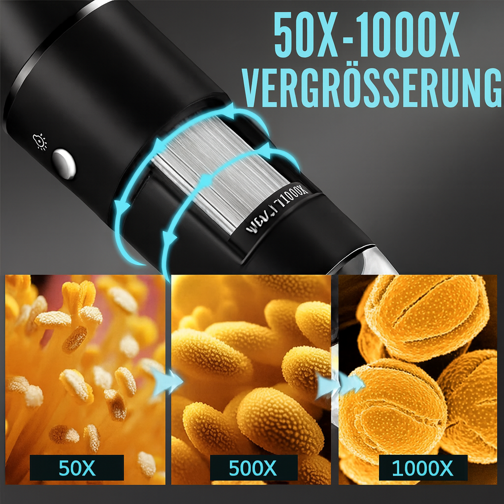 DetailScope USB Digitalmikroskop mit heller LED-Beleuchtung und 1600x Zoom. PC, Mac, Android kompatibel.