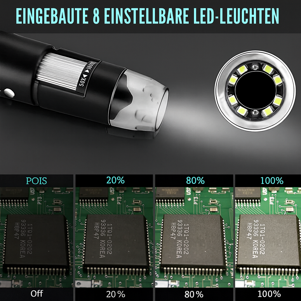 Digitales USB Mikroskop für Schmuckprüfung, 1600x Vergrößerung, integrierte LED-Beleuchtung und Zoom.