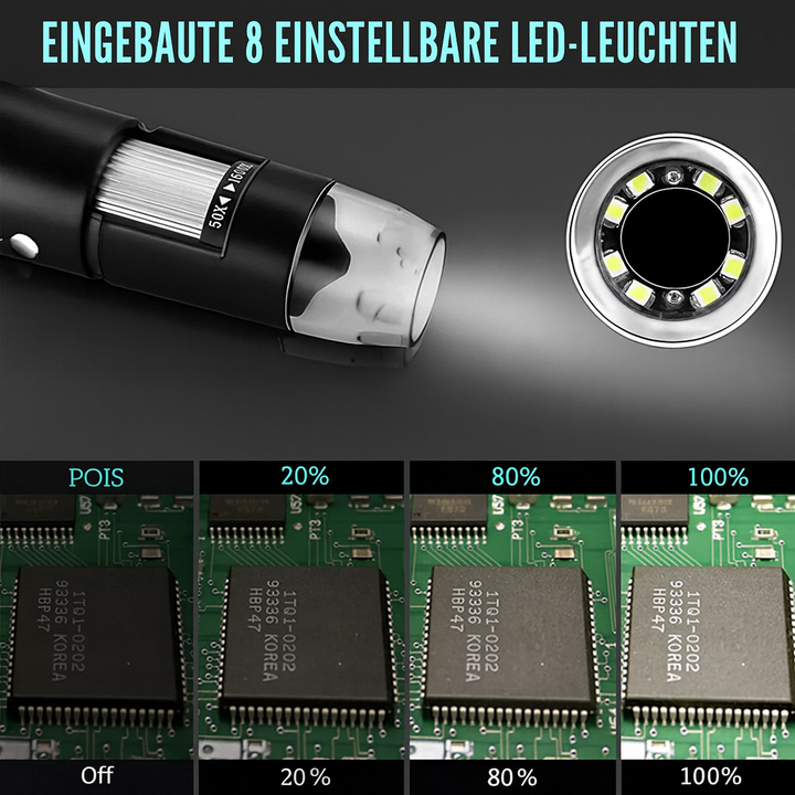 Digitales USB Mikroskop für Schmuckprüfung, 1600x Vergrößerung, integrierte LED-Beleuchtung und Zoom.