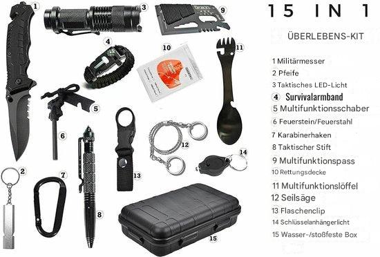 Umfassendes Survival-Notfallset für Prepper & Camper, inkl. Taschenlampe & Erste-Hilfe-Ausrüstung.