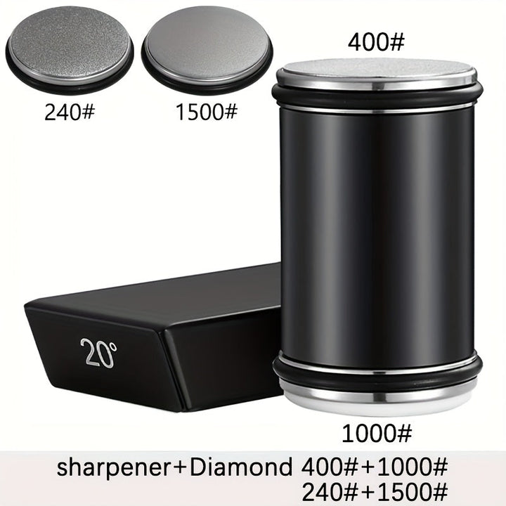 Das Diamant Schleifstein Set mit Magnetführung als Küchenwerkzeug auf der Arbeitsplatte für scharfe Messer.