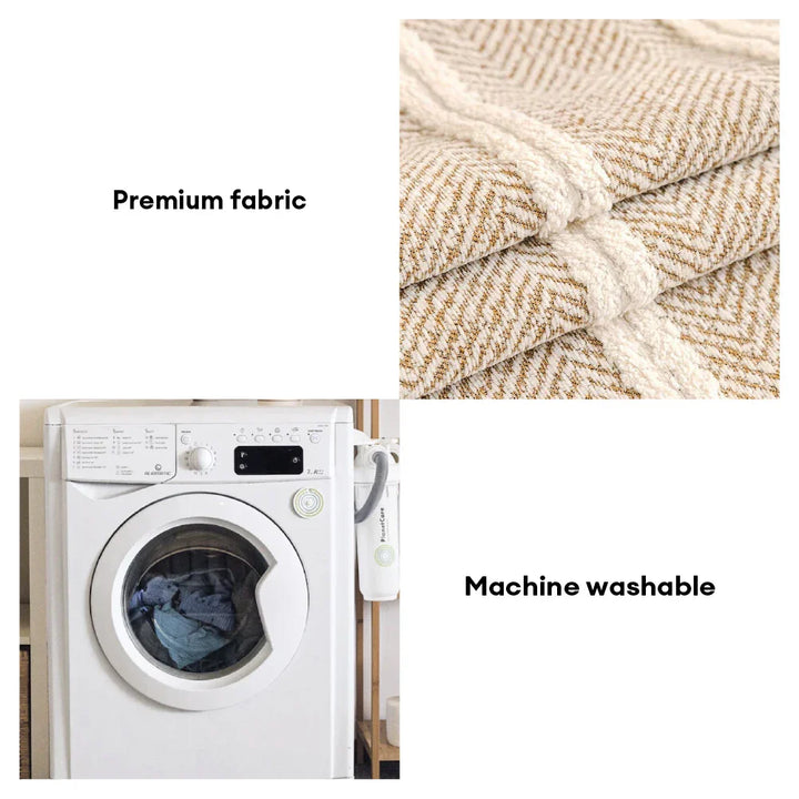 Nahaufnahme: Dicker Chenille-Stoff mit Fischgrätmuster. Ideal als Sofabezug & Schutz.