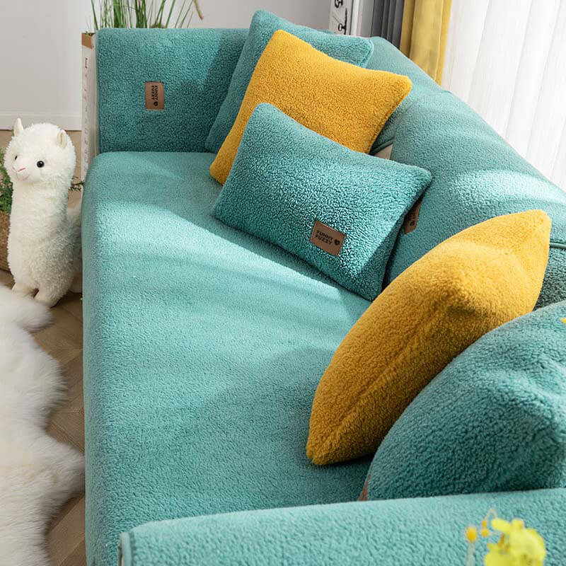Vielseitiger, wasserdichter Sherpa-Fleece Sofabezug, rutschfest, flauschig & dick, für Schutz und Gemütlichkeit.