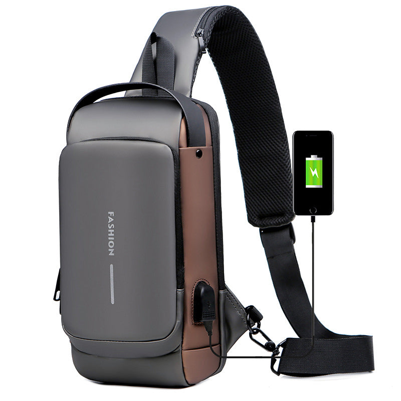 Diebstahlsichere Unisex Umhängetasche aus Oxford Stoff mit USB-Ladeanschluss in Schwarz.