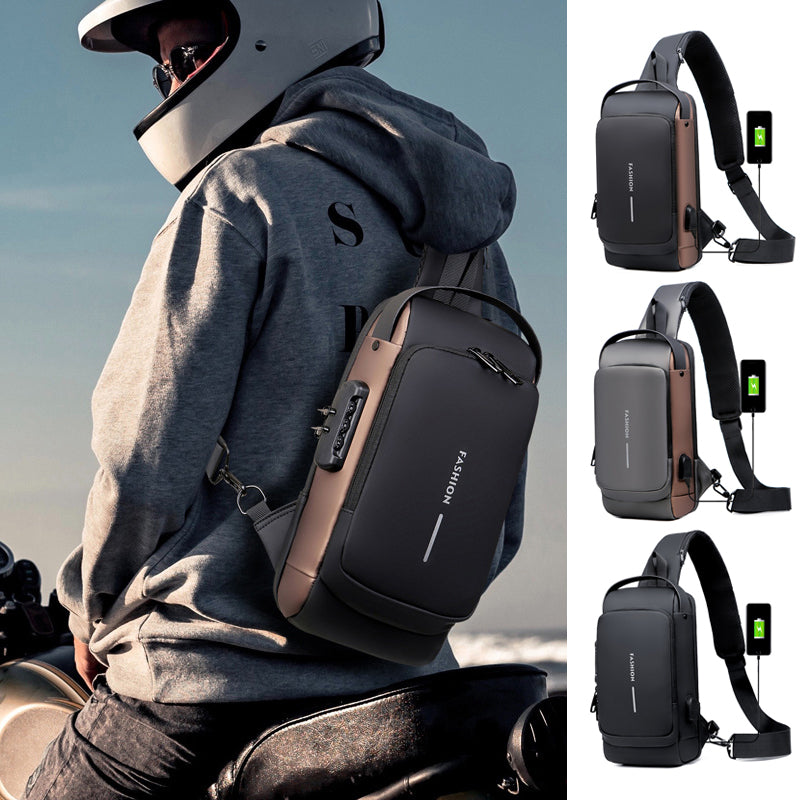 Moderne Unisex Umhängetasche grau-braun mit integriertem USB-Anschluss und Diebstahlsicherung.