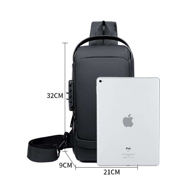 Damen Sicherheitstasche schwarz mit USB-Ladefunktion, ideal als Umhängetasche für den Alltag.