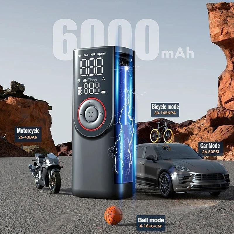 Tragbare Fahrradpumpe AirSure Pro mit Akku & LED-Licht. Ideal für unterwegs, bis 150 PSI & digitales Display.