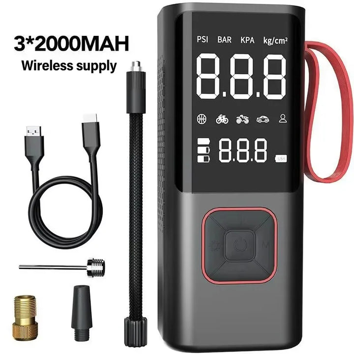Präzises Digitaldisplay der AirSure Pro Akku-Luftpumpe zeigt Reifendruck. Kabelloser 150 PSI Kompressor mit Powerbank.