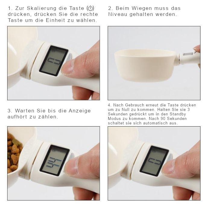 Nahaufnahme der digitalen Futterwaage PetPortion mit beleuchtetem Display, wichtig für Tiernahrung.