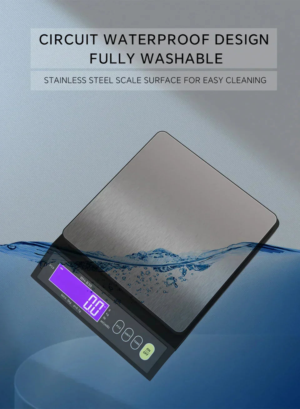 USB-aufladbare digitale Küchenwaage mit beleuchtetem LCD-Display, praktisch und umweltfreundlich.